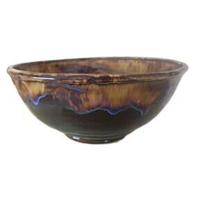 Studio Pottery Ceramic Bowl Blue Brown drip Glaze 9" artisan Liz Kelly 1980 VTG